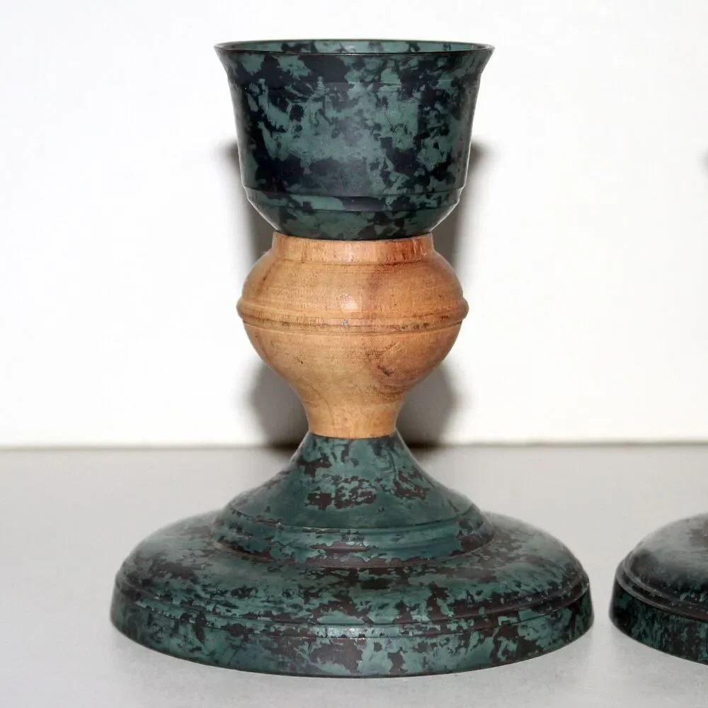 Vintage Pier 1 pair Candle Holder brass wood green house decor boho eclectic